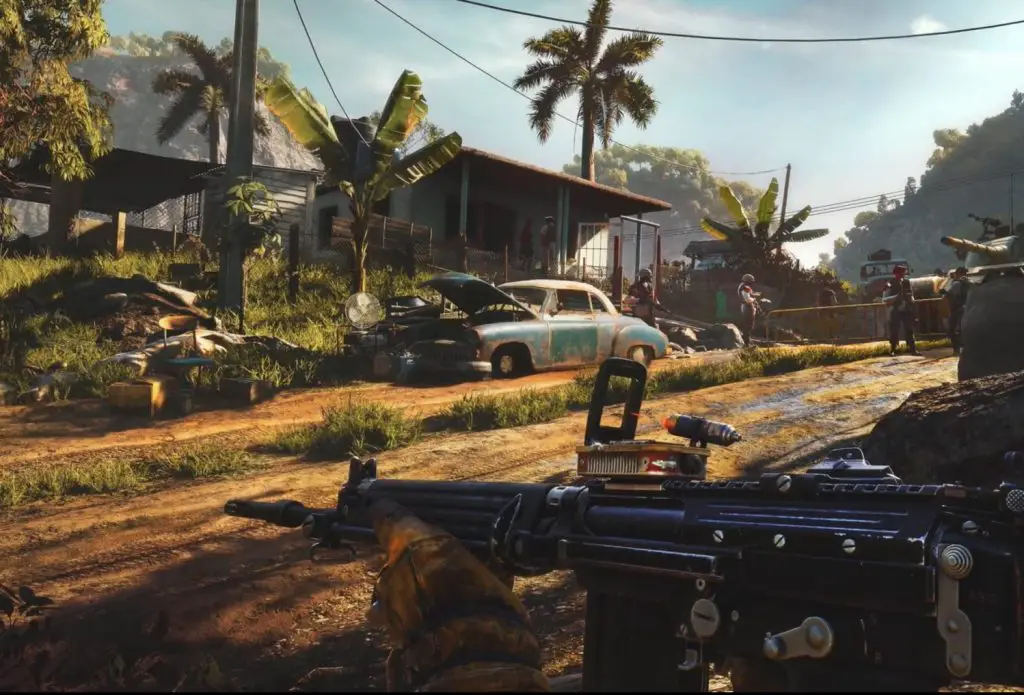 A screen shot from the lasted installment of the 'Far Cry' franchise showing a character holding a gun while running