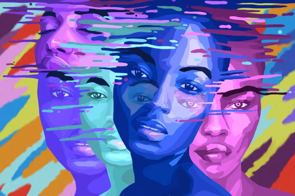A multicolored fractured illustration of a woman representing ADHD symptoms.