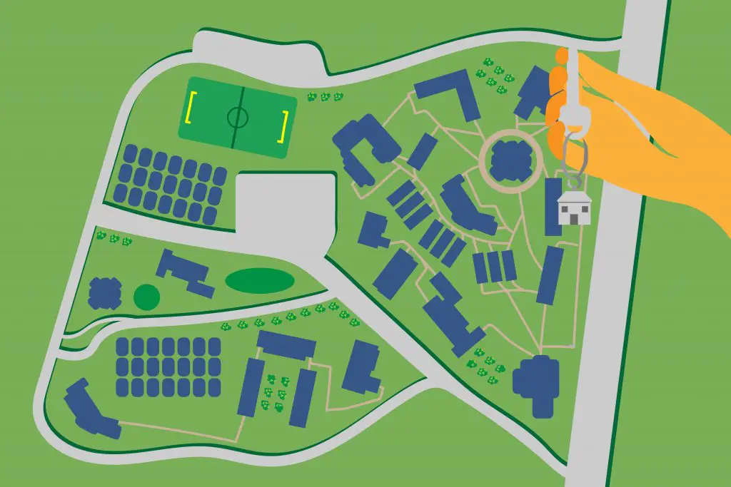 An illustration of a college campus and its relation to students renting apartments