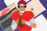 An illustration of a football player in front of a backdrop of Apple laptops representing all sports teams