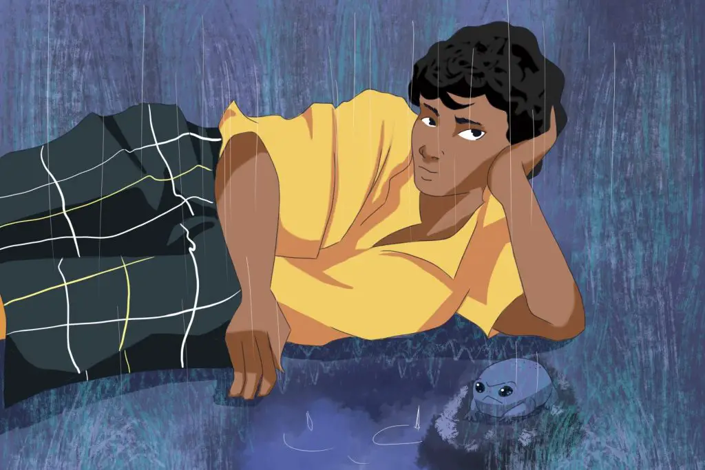 In an article about how music videos now include dance and anime, an illustration of a man in a yellow shirt lying on the ground beside a frog