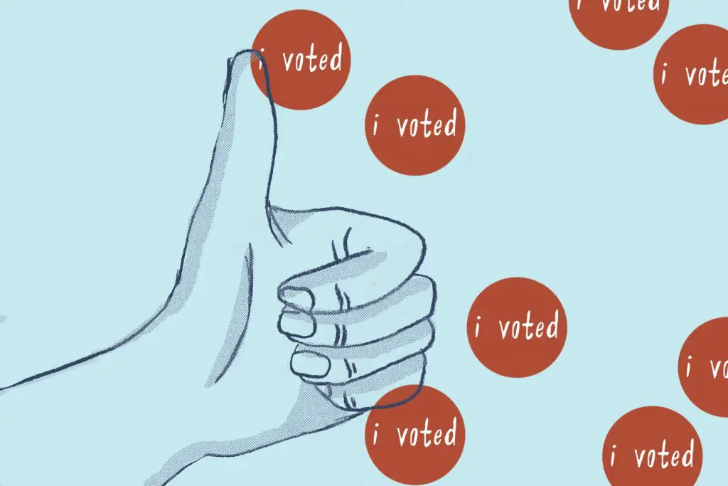 In an article about getting involved with the upcoming election, a thumbs up surrounded by I Voted stickers