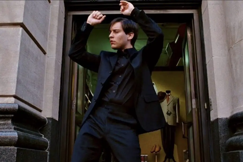 Image of Tobey Maguire dancing as evil Peter Parker in Spider Man 3, In an article about campy 2000s blockbusters