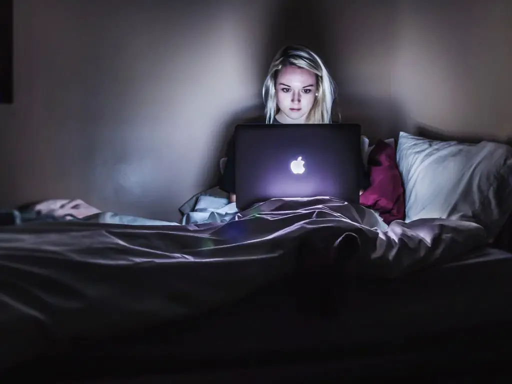 Image of a woman sitting in bed looking at a computer, in an article about fake news.