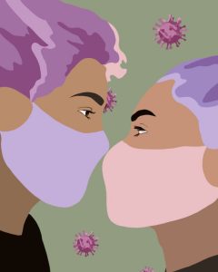 Illustration by Shelly Freund of two people kissing through masks