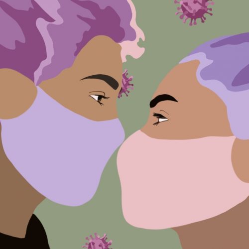 Illustration by Shelly Freund of two people kissing through masks