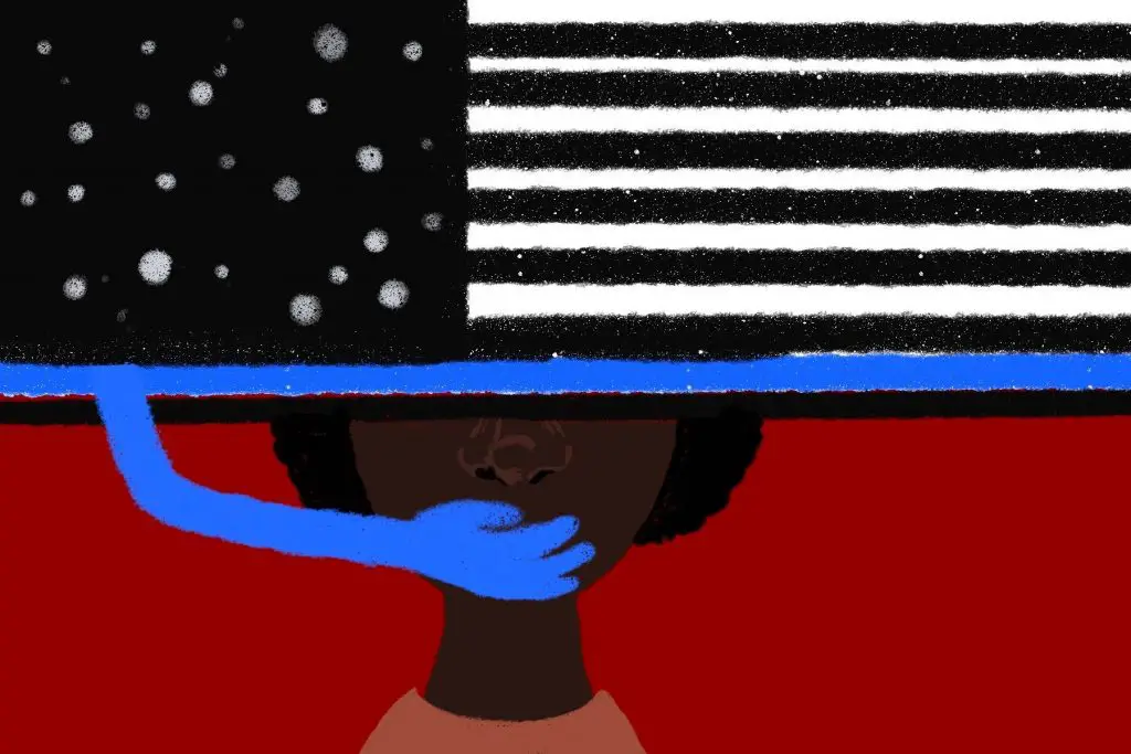 An illustration of the thin blue line flag covering someone's mouth