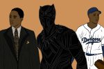 Illustration by June Le for an article on Chadwick Boseman, featuring drawings on Black Panther, Jackie Robinson and Thurgood Marshall