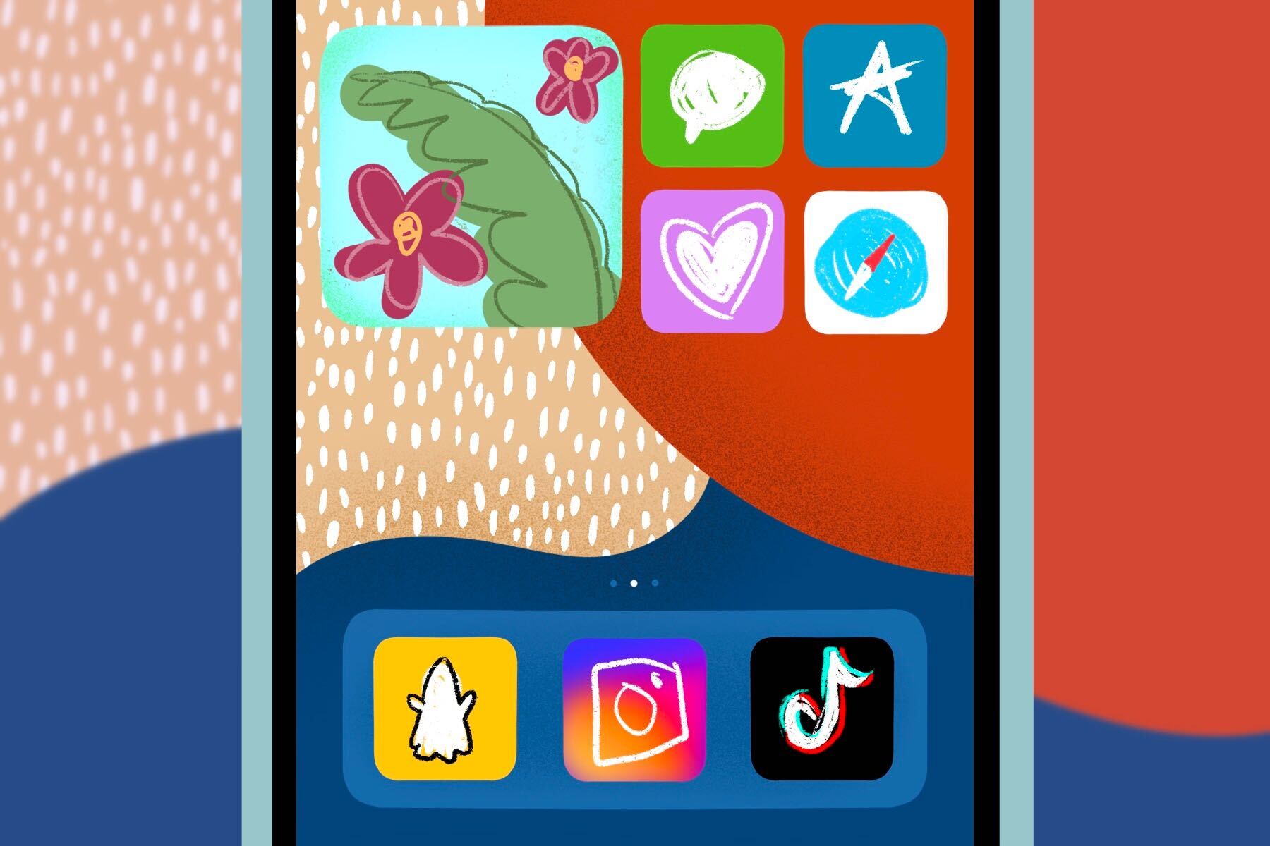For an article about iOS 14, an illustration by Daisy Daniel's of an iPhone home screen