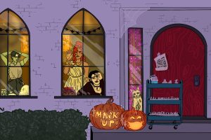 Illustration of house on Halloween by Baz Pugmire