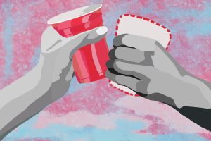 Two hands toasting with cups, the alcohol drinker holding a Solo cup and the sober drinker holding the blank outline of a Solo cup.