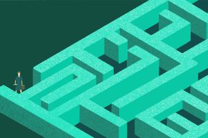 An illustration of a maze for an article about finding a job after college.