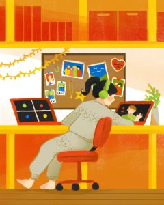 Illustration by Eri Iguchi of a person working at their desk