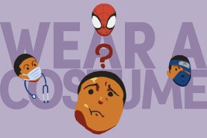 An illustration of someone thinking of wearing a costume with a mask for Halloween.