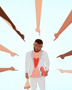 Illustration by Adam Lee of fingers pointing at person with a box of chocolates