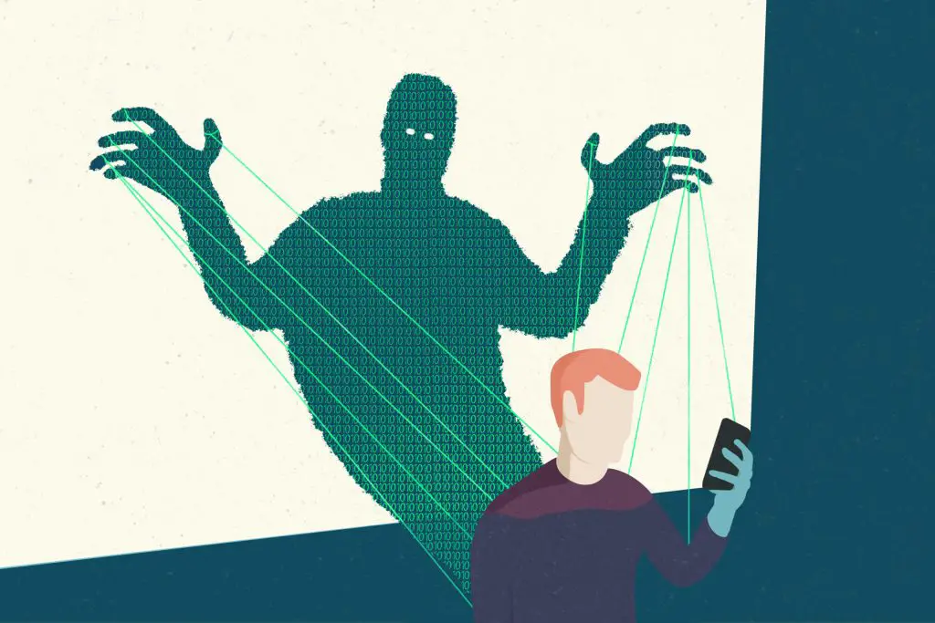 In an article about Netflix's 'The Social Dilemma,' an illustration showing a person on their phone. Illustration by Adam Lee.