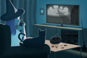 An illustration of a girl in a witch hat with a black cat watching movies. For an article about witchy movies.