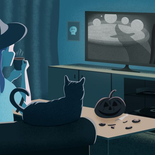 An illustration of a girl in a witch hat with a black cat watching movies. For an article about witchy movies.