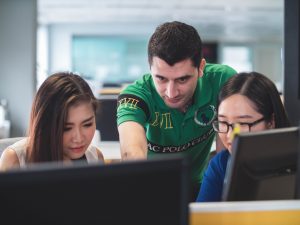 three students in a work-study program