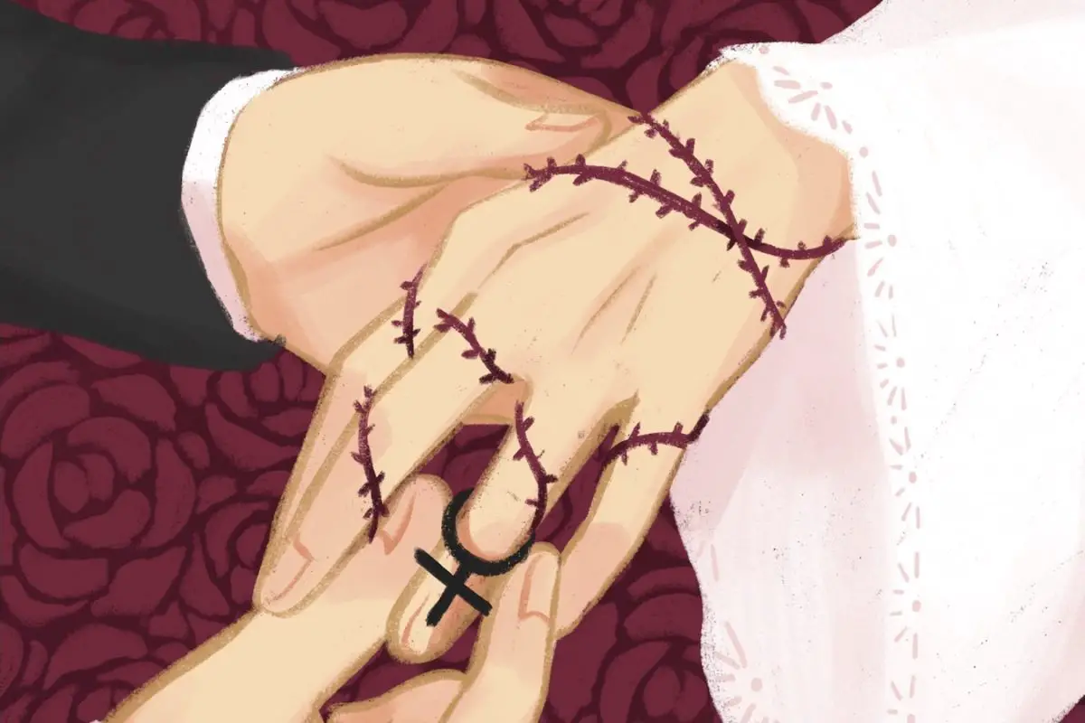 Illustration of a hand wrapped in thorns that are being placed by other hands, to represent the negative stereotypes of the Bachelorette series.