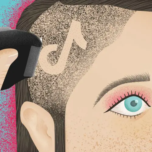 An illustration of someone shaving a TikTok symbol in their hair for an article on Miley Cyrus on TikTok.