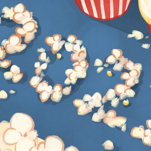Illustration of movie theater popcorn spelling out 2021 in an article about upcoming movies. (Illustration by Eri Iguchi, Minneapolis College of Art and Design)