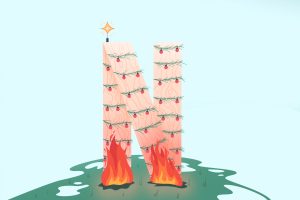 An illustration of a Christmas-style Netflix logo on fire for an article about bad Christmas movies.