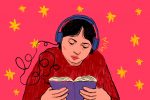 An illustration of someone listening to an audiobook while reading, for an article on audiobooks.