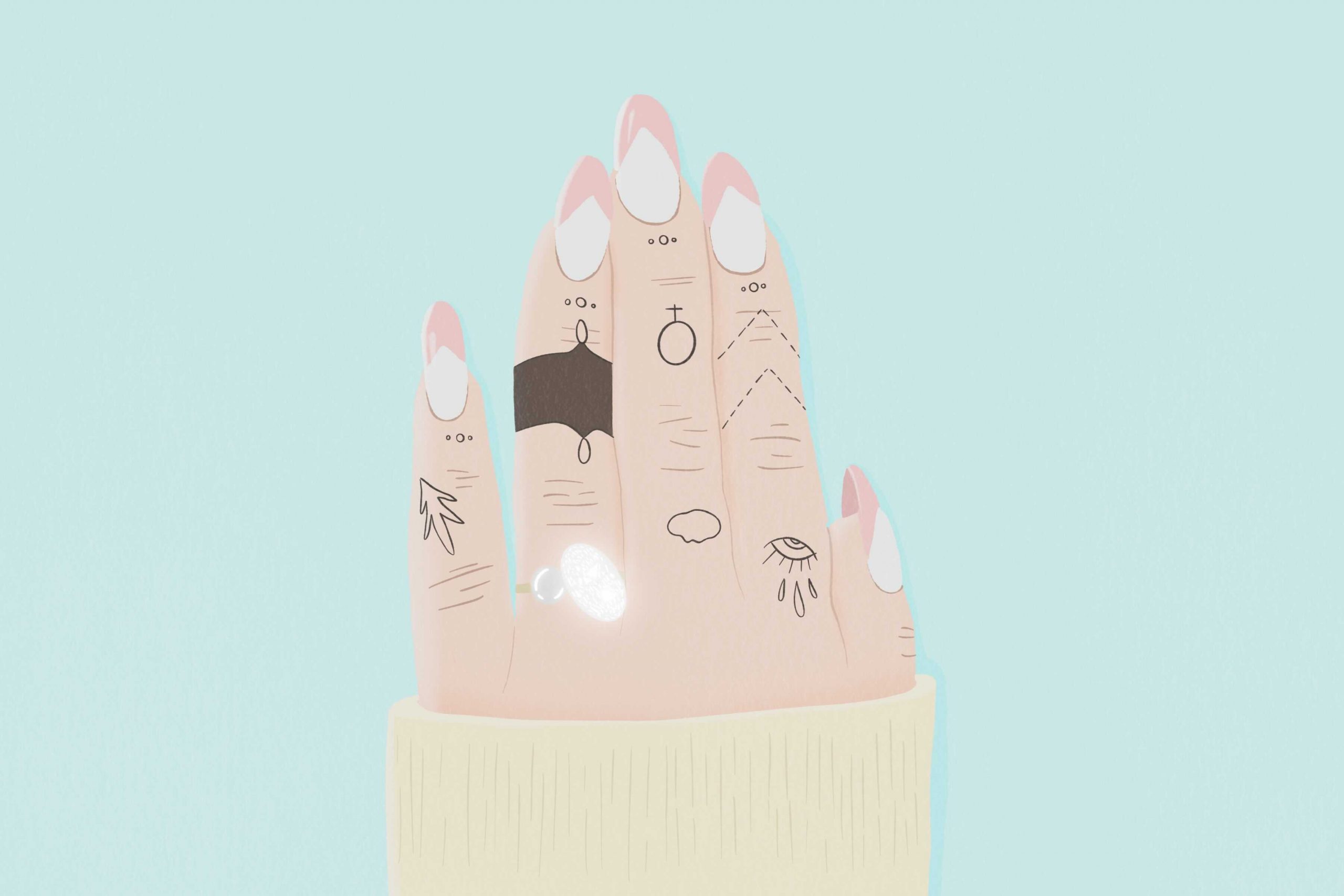 An illustration of Ariana Grande's hand with her engagement ring.