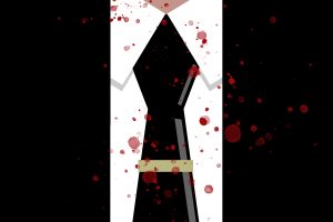Illustration of a white collared shirt and black tie, splattered with blood, from an article about The Guest List