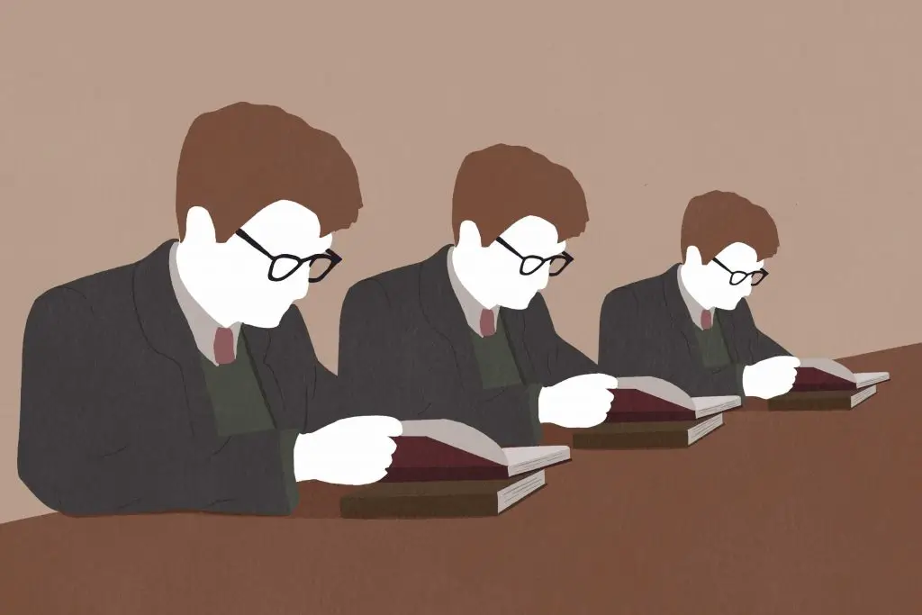An illustration of white men reading for an article on the lack of diversity in dark academia.