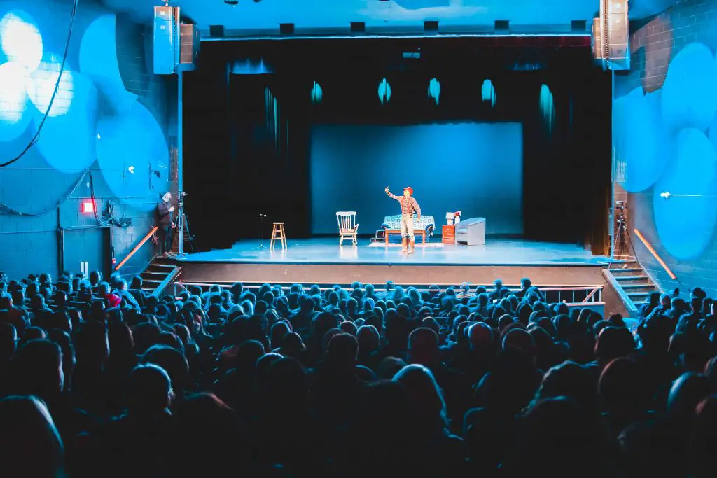Image of a person on stage and a crowd watching at a theater
