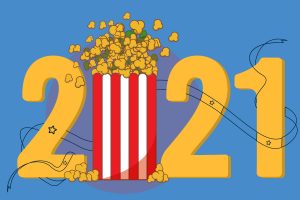 graphic of the year 2021 with a popcorn bucket replacing the O, in a story about family movies