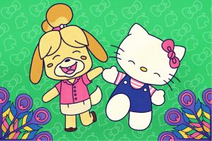 illustration of two animal crossing characters on a green background, with rainbow feathers in the corners for festivale