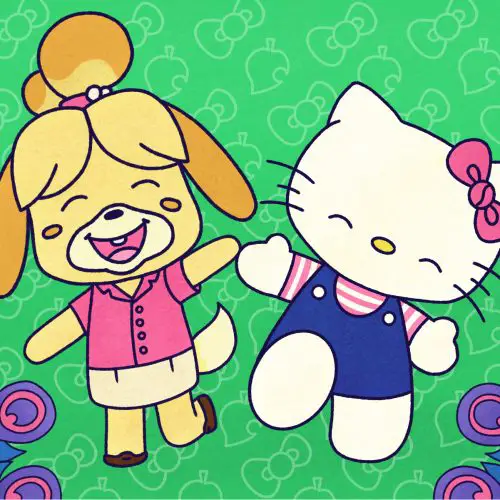 illustration of two animal crossing characters on a green background, with rainbow feathers in the corners for festivale