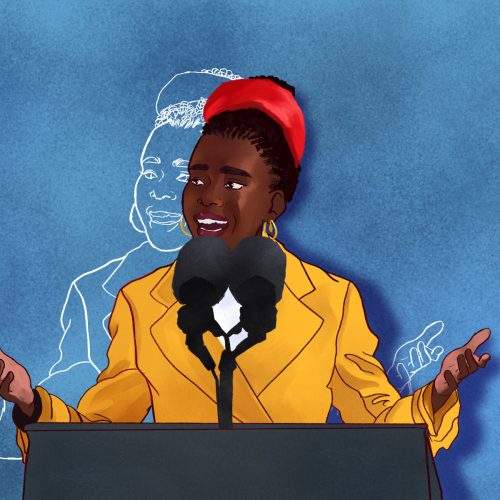 An illustration of Amanda Gorman speaking at the presidential inauguration ceremony in an article about her accomplishments. (Illustration by Lucas DeJesus, Montserrat College of Art)