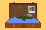 for an article about good vacation spots, an illustration of an open suitcase with part of the earth and palm trees coming out of it. a photo is taped to the inside