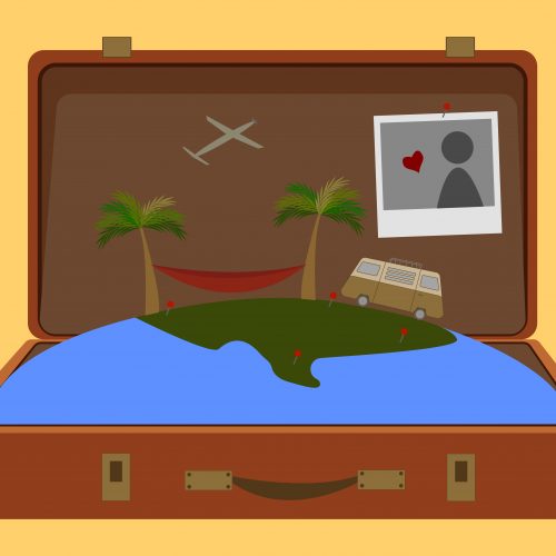for an article about good vacation spots, an illustration of an open suitcase with part of the earth and palm trees coming out of it. a photo is taped to the inside