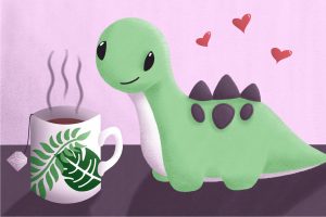 An illustration of Cucumber the dinosaur, a stuffed animal on a wholesome TikTok account. (Illustration by Lexey Gonzalez, Wichita State University)