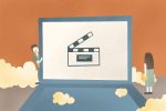 An illustration of a laptop for an article about five free online movies. (Illustration by Sonja Vasiljeva, San Jose State University)