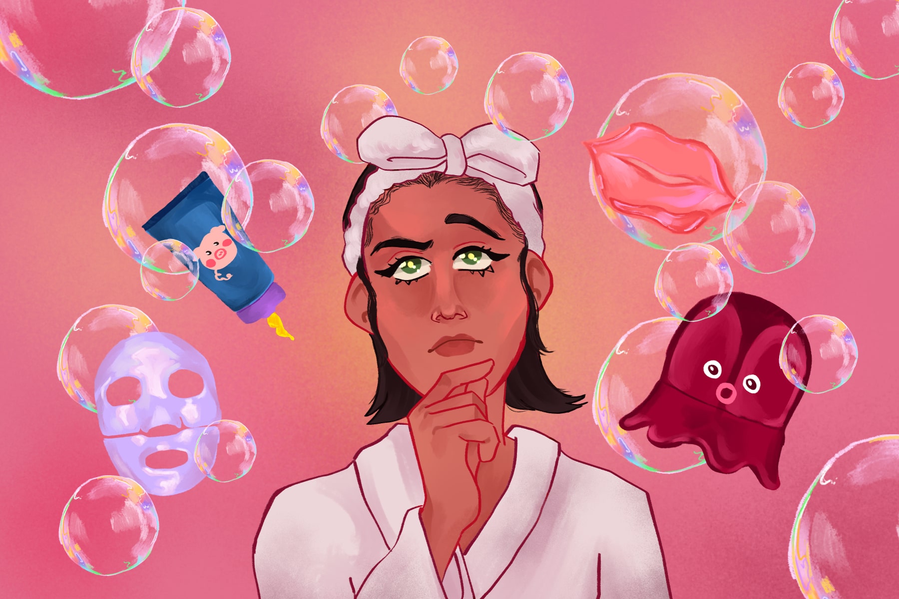 illustration of a woman surrounded by k-beauty products and bubbles on a pink background