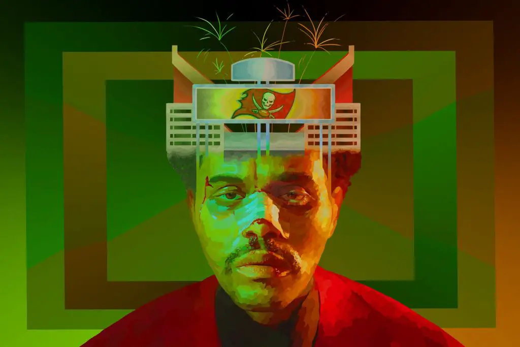 An illustration of The Weeknd, with the Super Bowl stadium depicted on his forehead