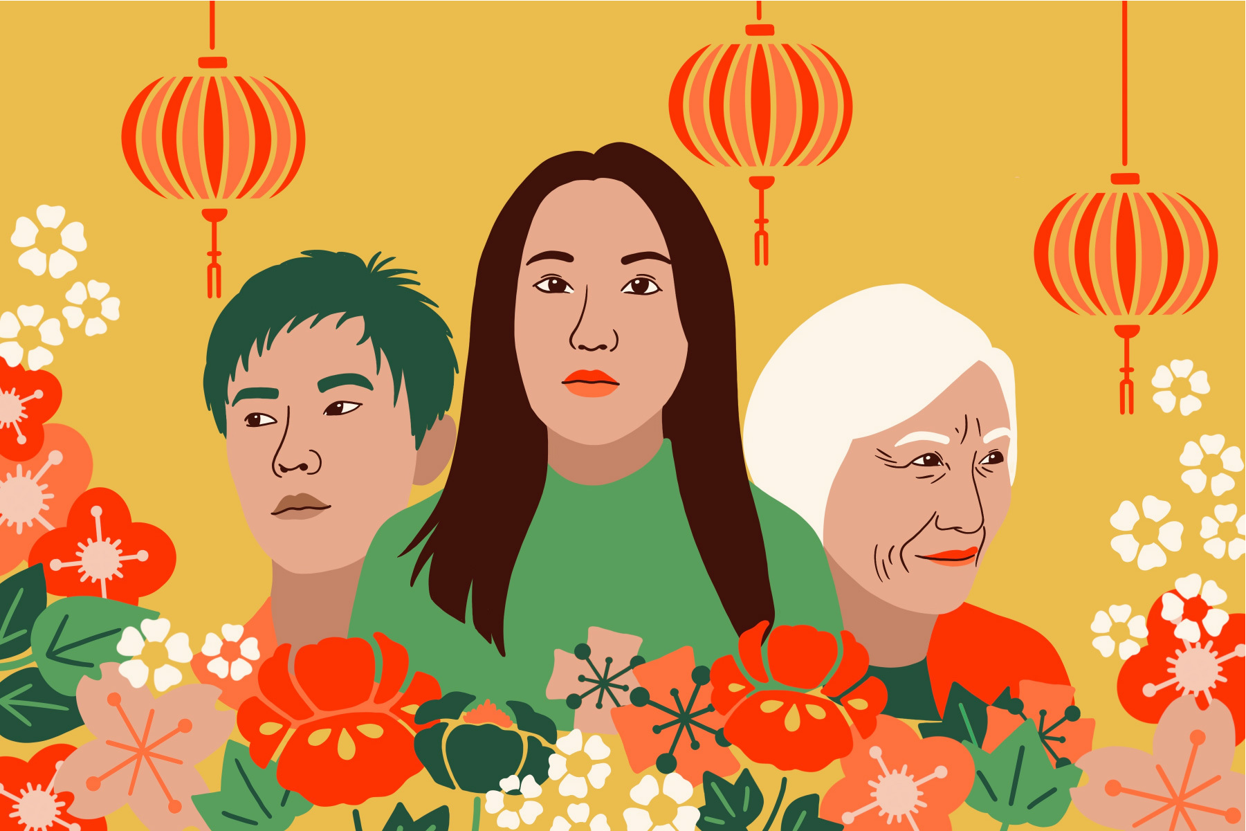 Illustration by Lexey Gonzalez for an article on hate crimes against Asians