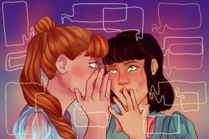 An illustration of TV characters gossiping in an article comparing Bridgerton and Gossip Girl. (Illustration by Lucas DeJesus, Montserrat College of Art)