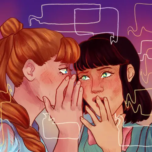 An illustration of TV characters gossiping in an article comparing Bridgerton and Gossip Girl. (Illustration by Lucas DeJesus, Montserrat College of Art)