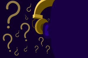 Illustration of earphones behind a silhouetted person with question marks in the background