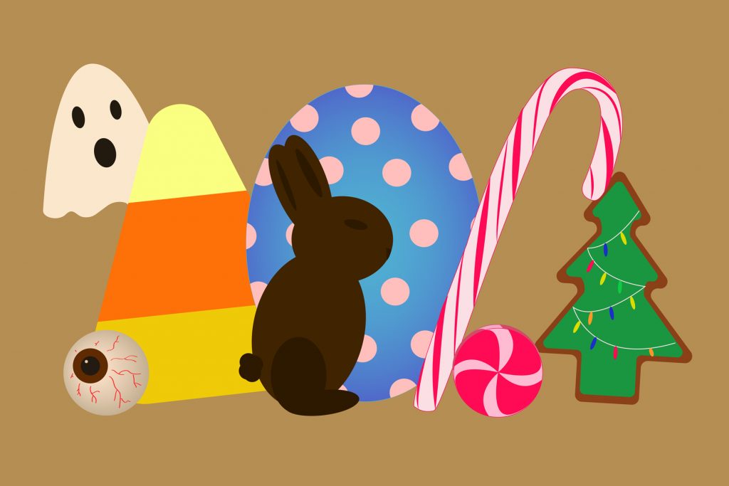 Illustration of halloween, easter and Christmas candy