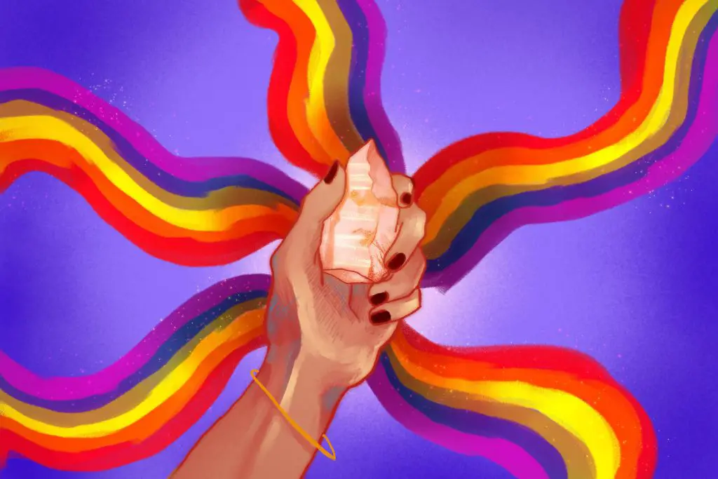 An illustration of a crystal and rainbows for an article about the history of healing stones and their uses. (Illustration by Lucas DeJesus, Montserrat College of Art)