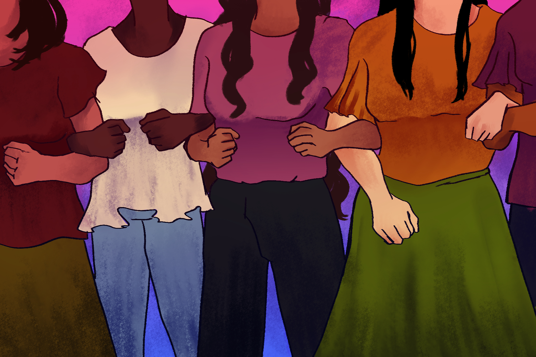 For an article about the book Hood Feminism, an illustration of women standing in solidarity . (Illustration by Lucas DeJesus, Montserrat College of Art)