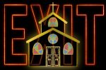 An illustration of the church with the word EXIT behind it.